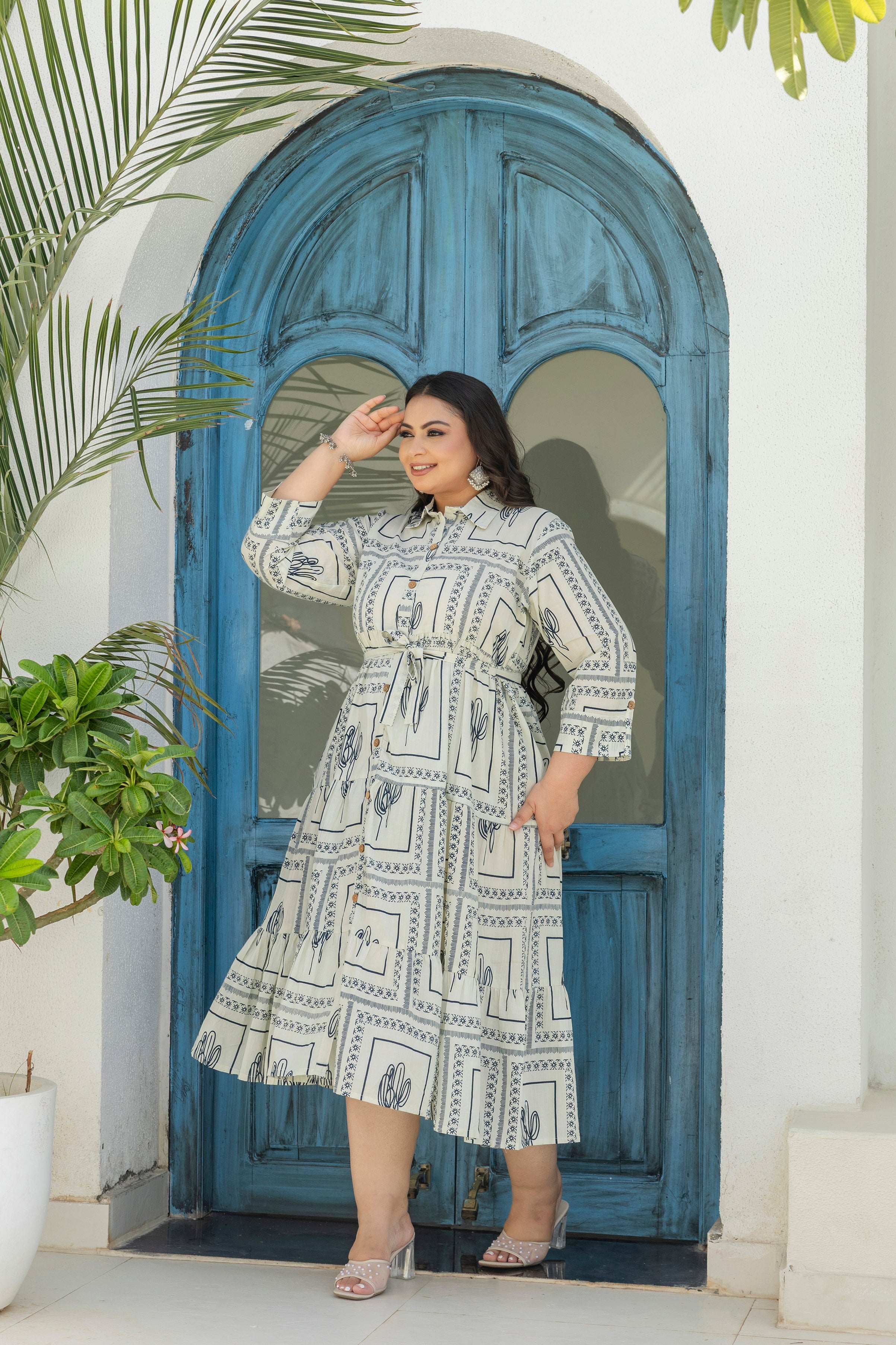Off White Floral Dress With Front Belt