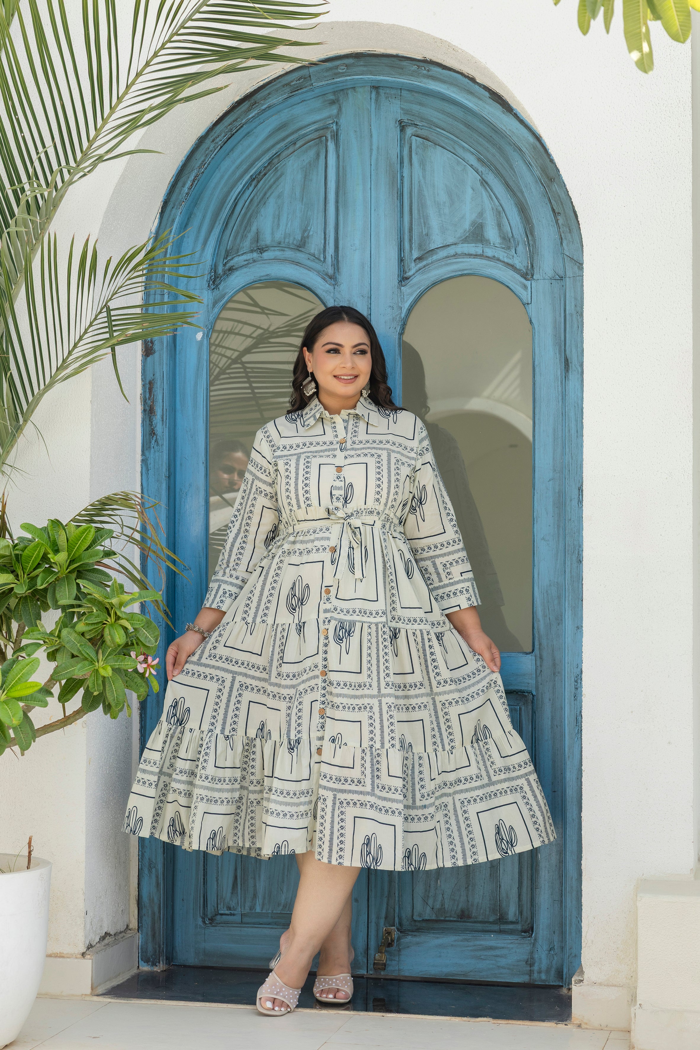 Off White Floral Dress With Front Belt