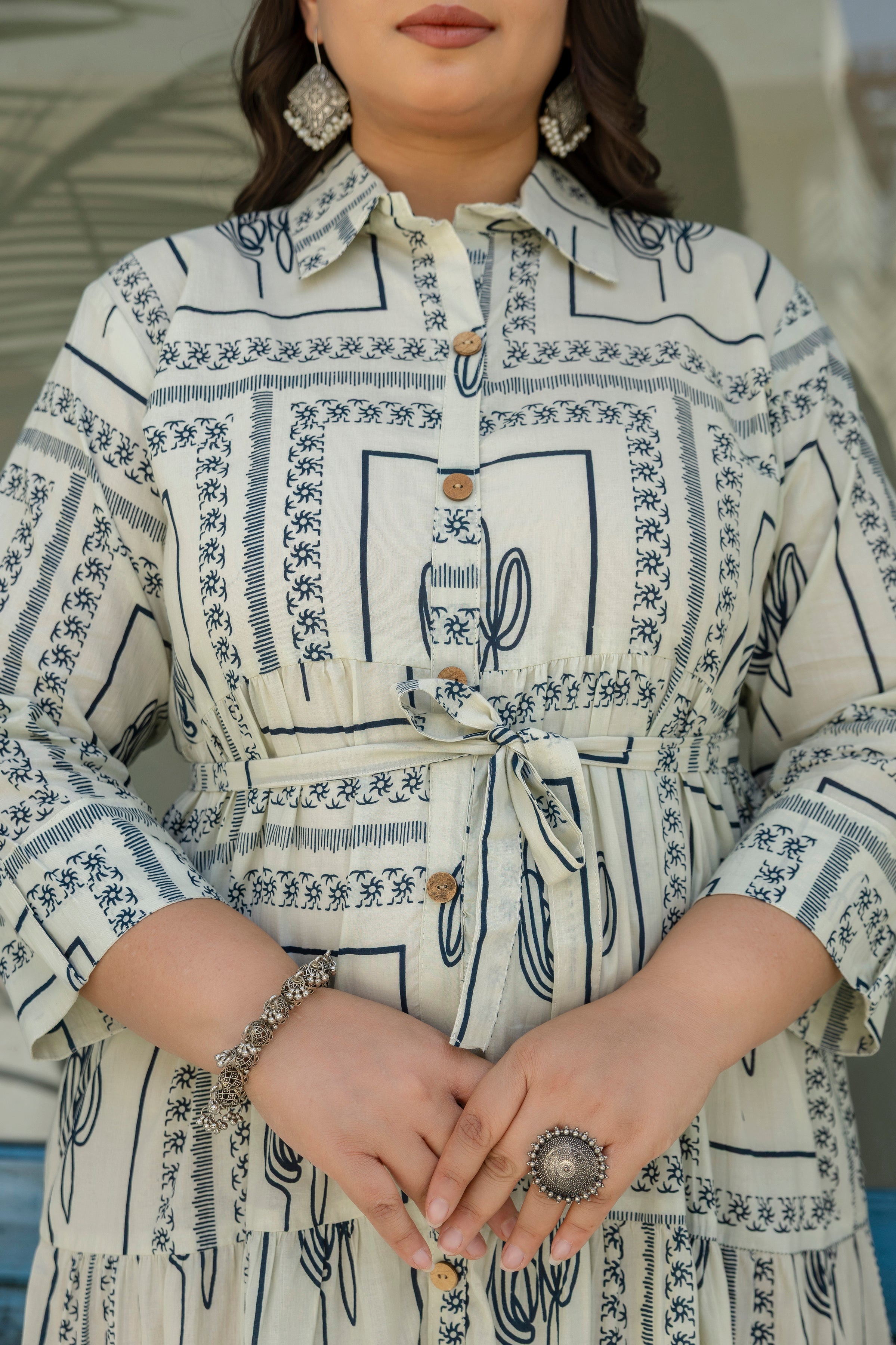 Off White Floral Dress With Front Belt
