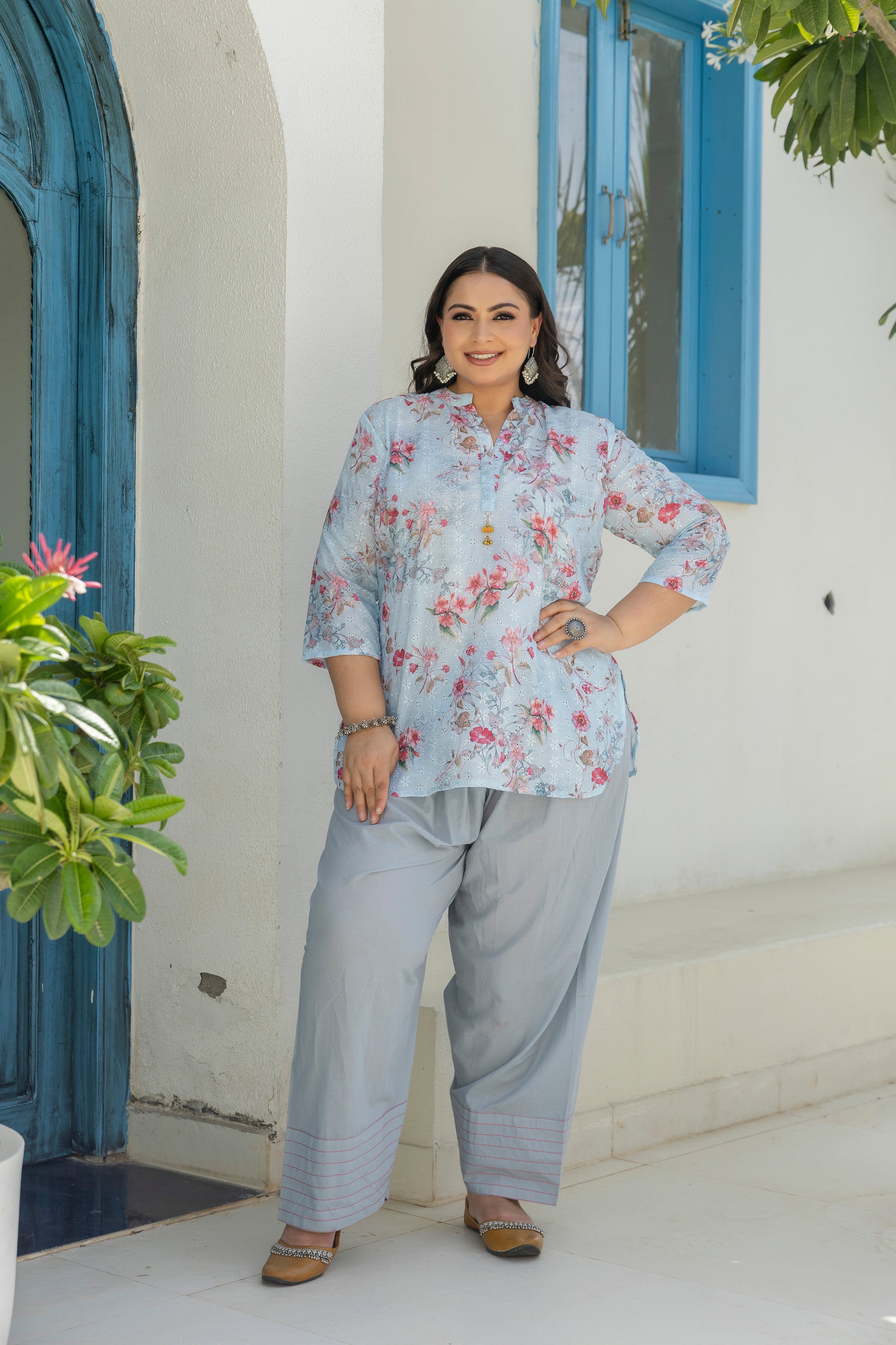 Misty Blue Cherry Blossom Short Co-ord Set with Matching Farsi Salwar