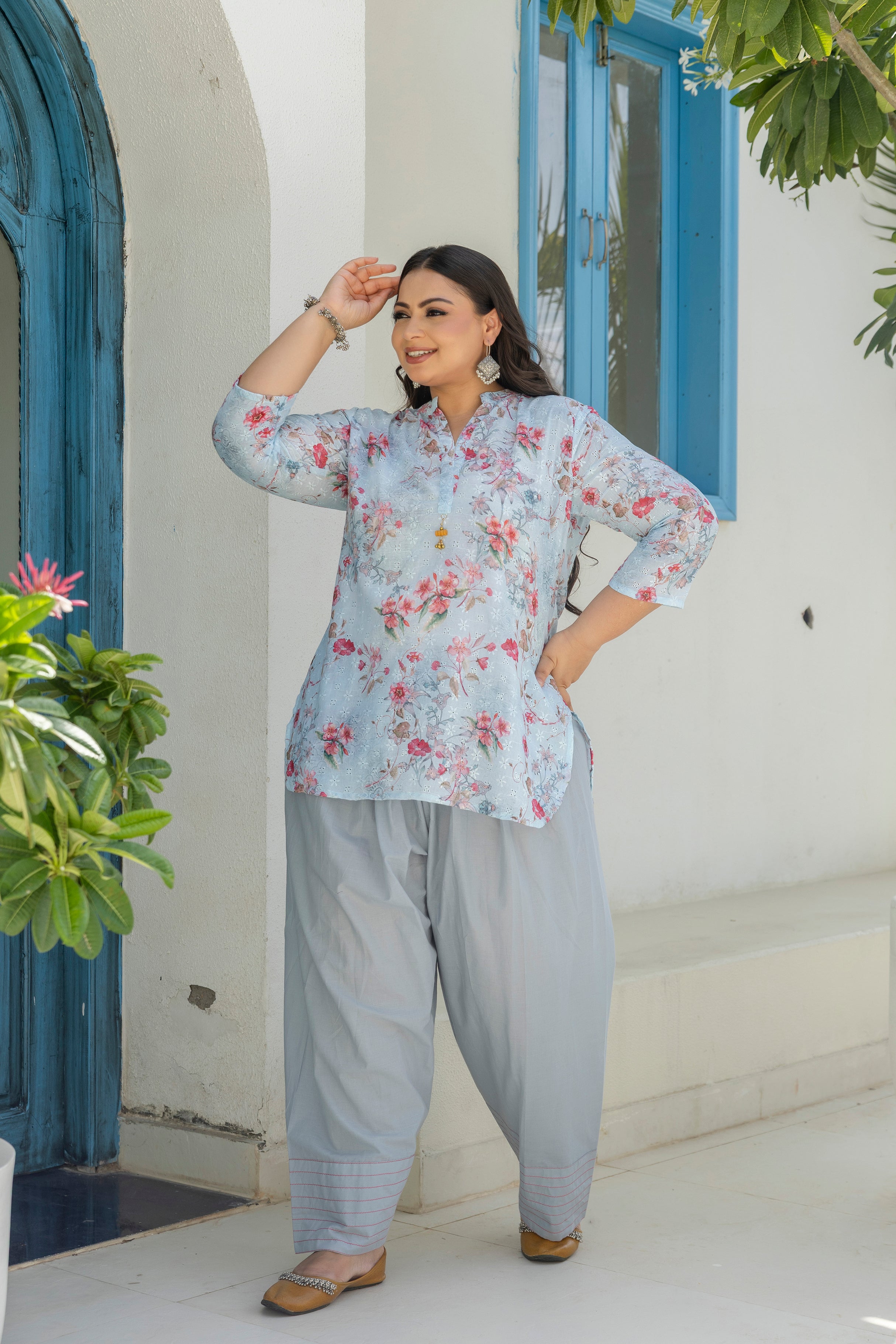 Misty Blue Cherry Blossom Short Co-ord Set with Matching Farsi Salwar