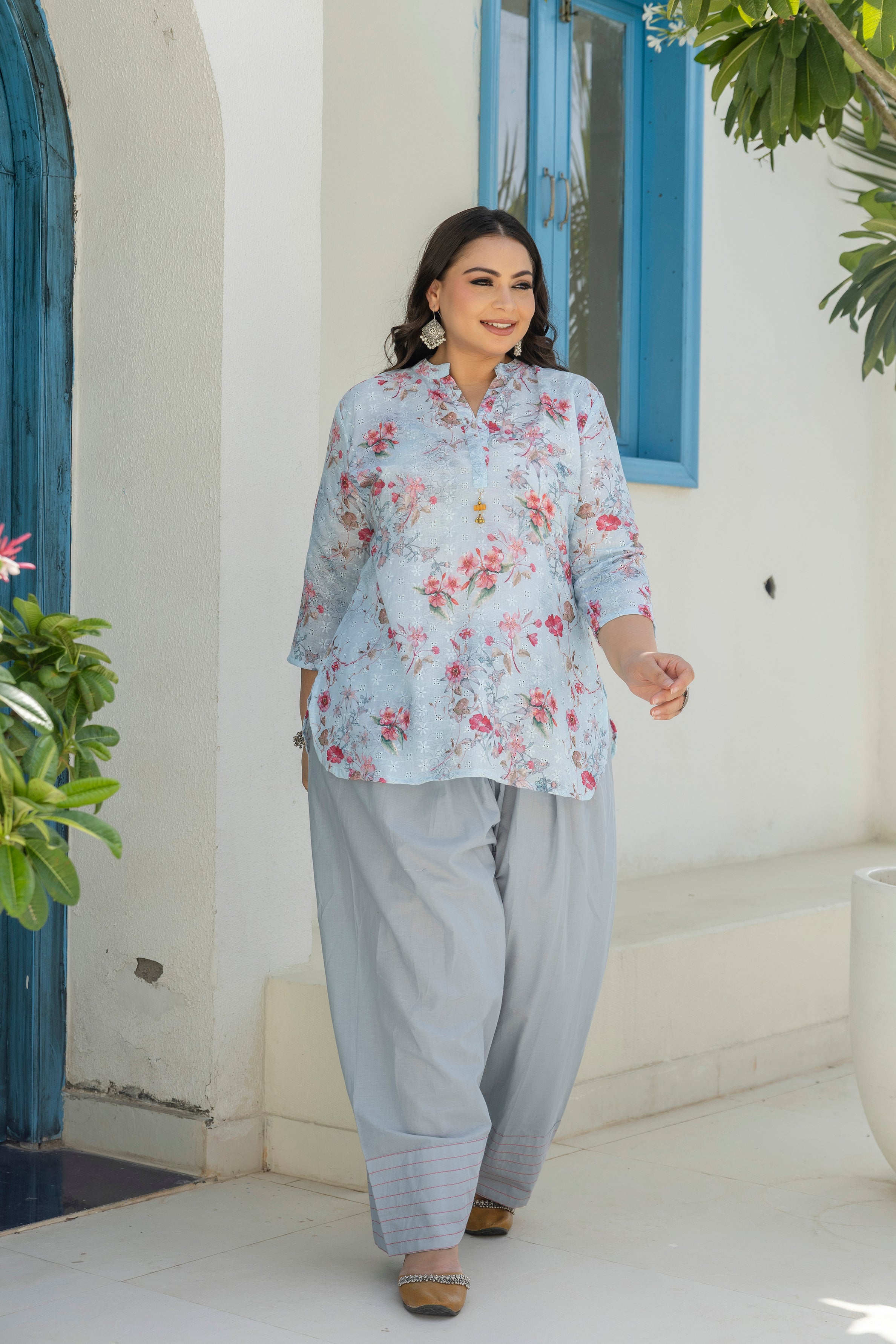 Misty Blue Cherry Blossom Short Co-ord Set with Matching Farsi Salwar