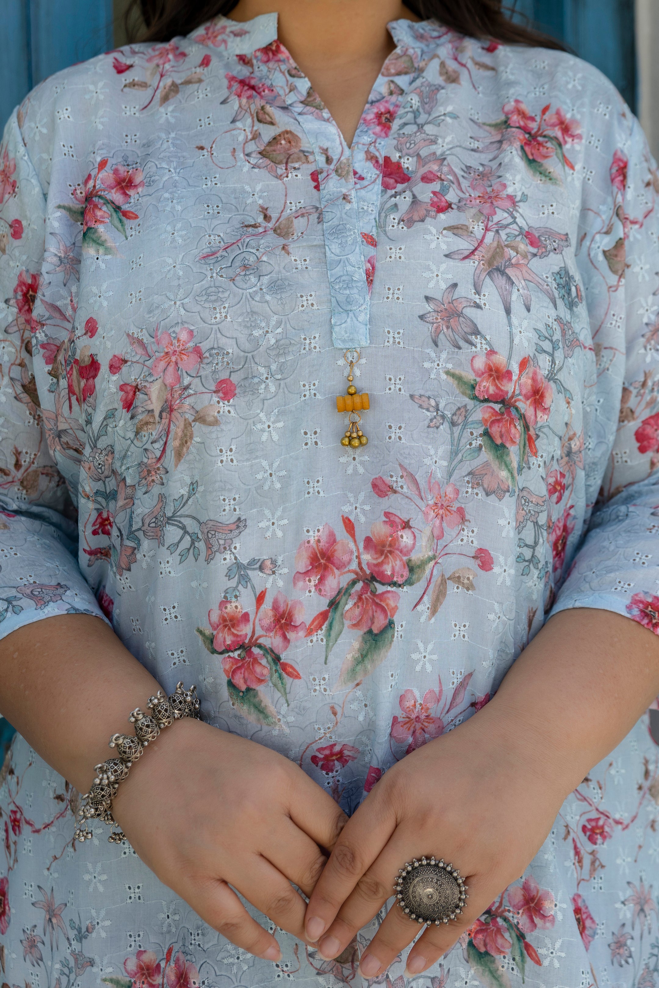 Misty Blue Cherry Blossom Short Co-ord Set with Matching Farsi Salwar