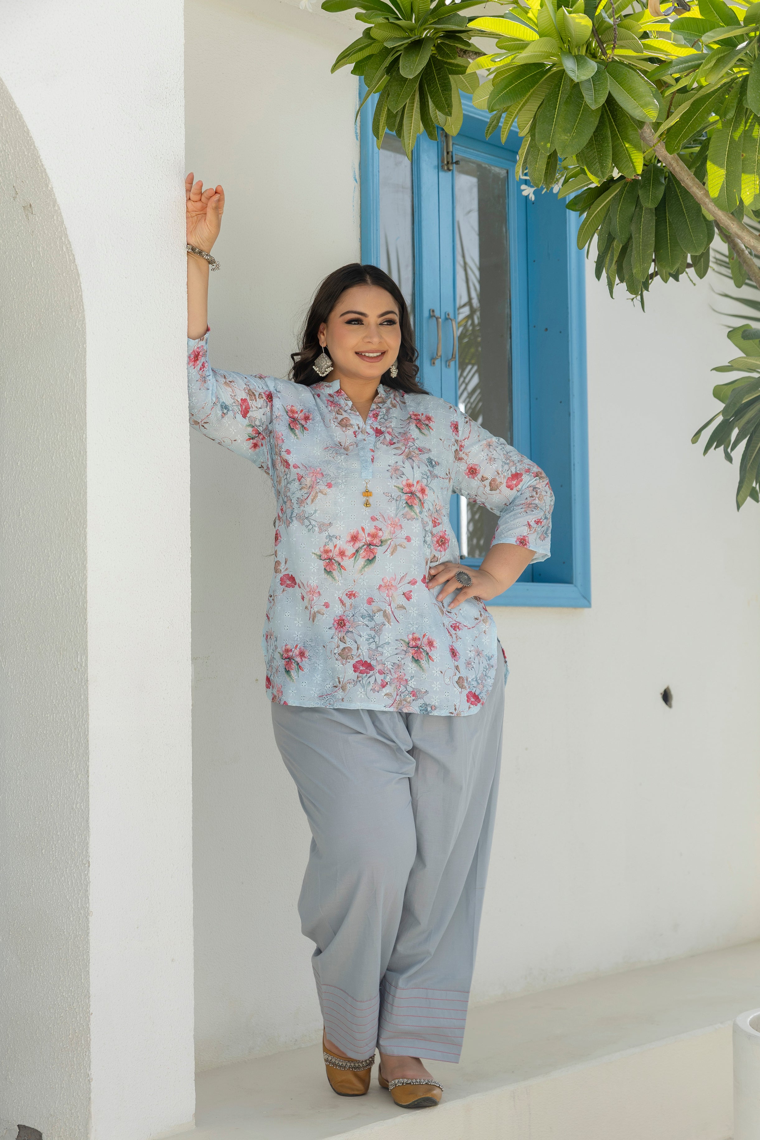 Misty Blue Cherry Blossom Short Co-ord Set with Matching Farsi Salwar