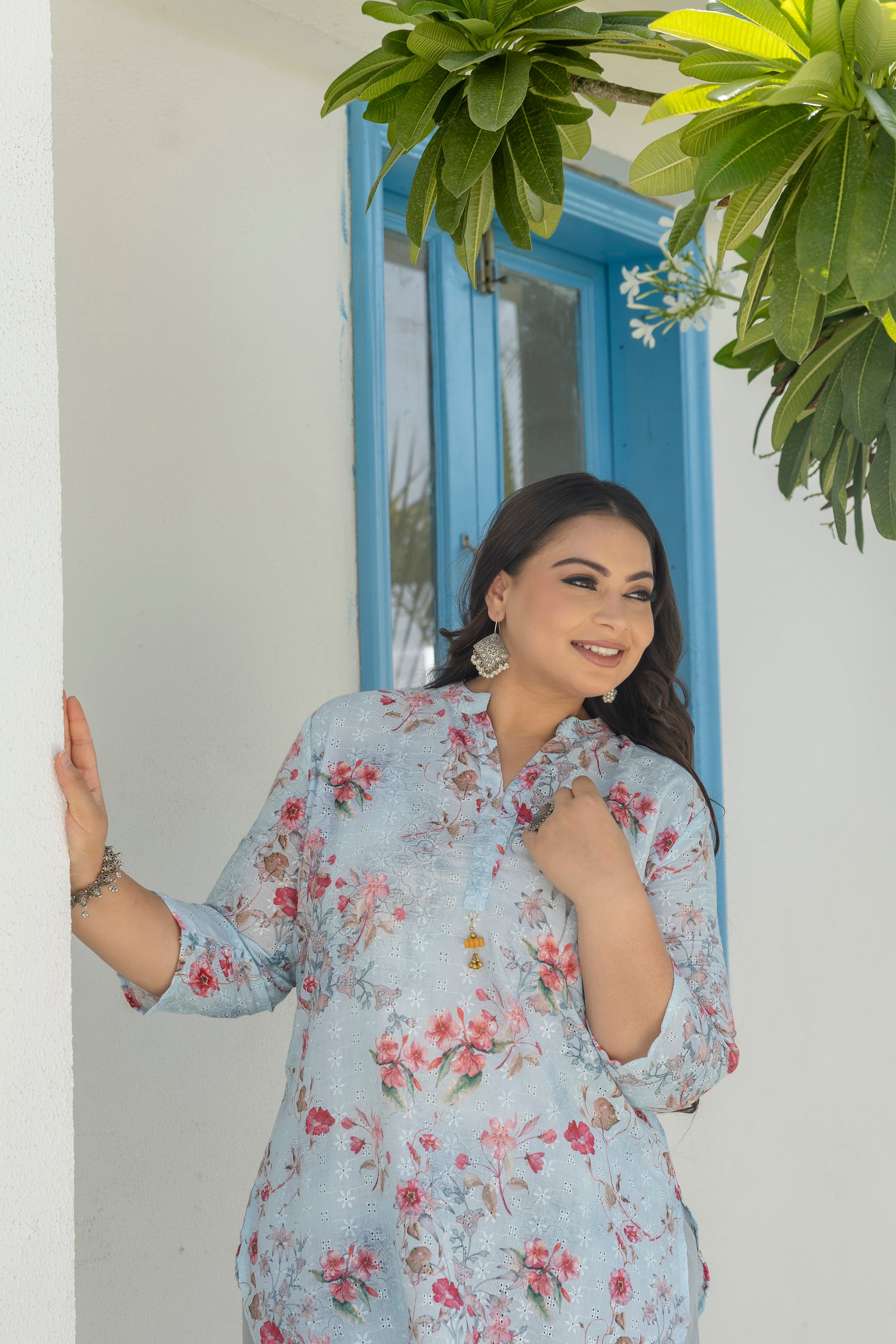 Misty Blue Cherry Blossom Short Co-ord Set with Matching Farsi Salwar