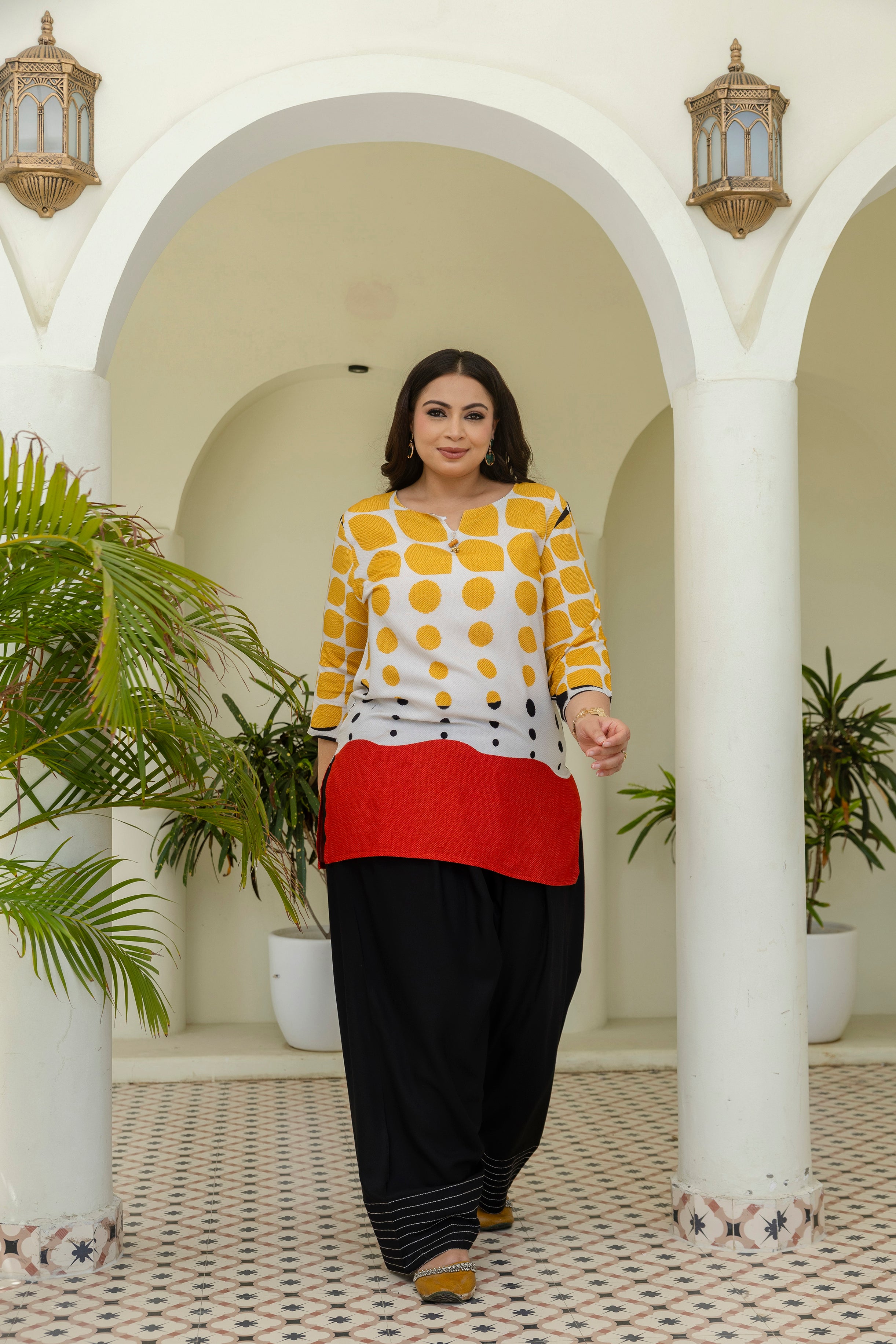 Mustard Polka Dot Printed Co-Ord Set with Trending Farshi Salwar