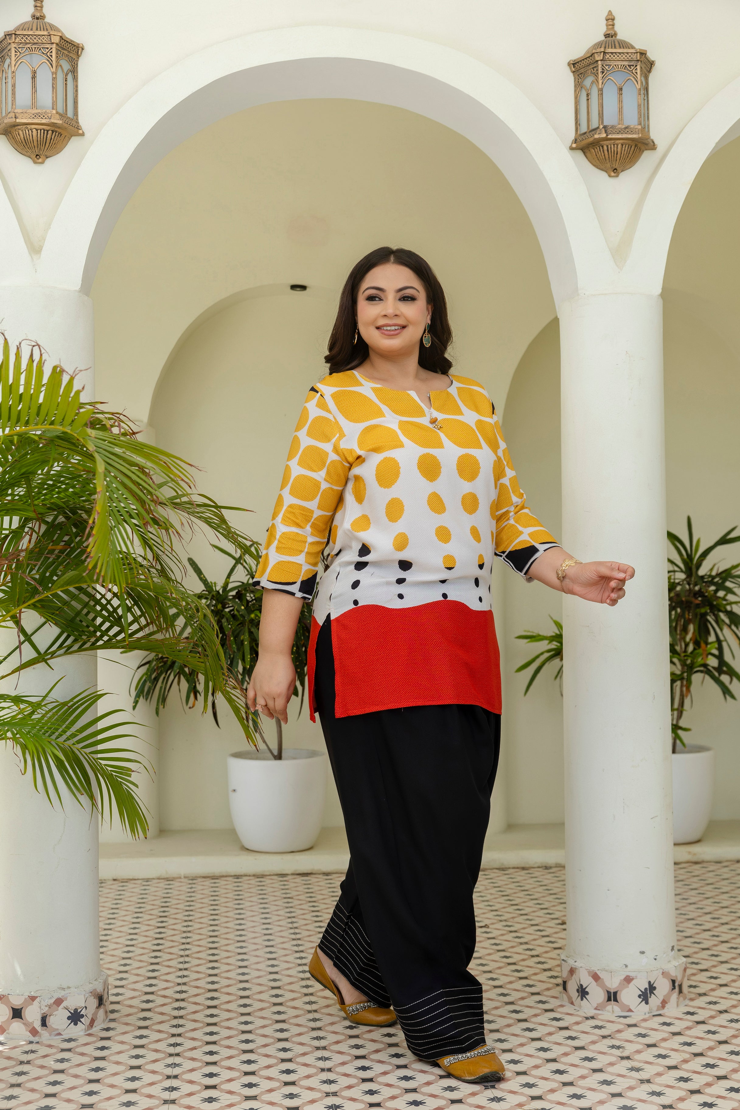 Mustard Polka Dot Printed Co-Ord Set with Trending Farshi Salwar