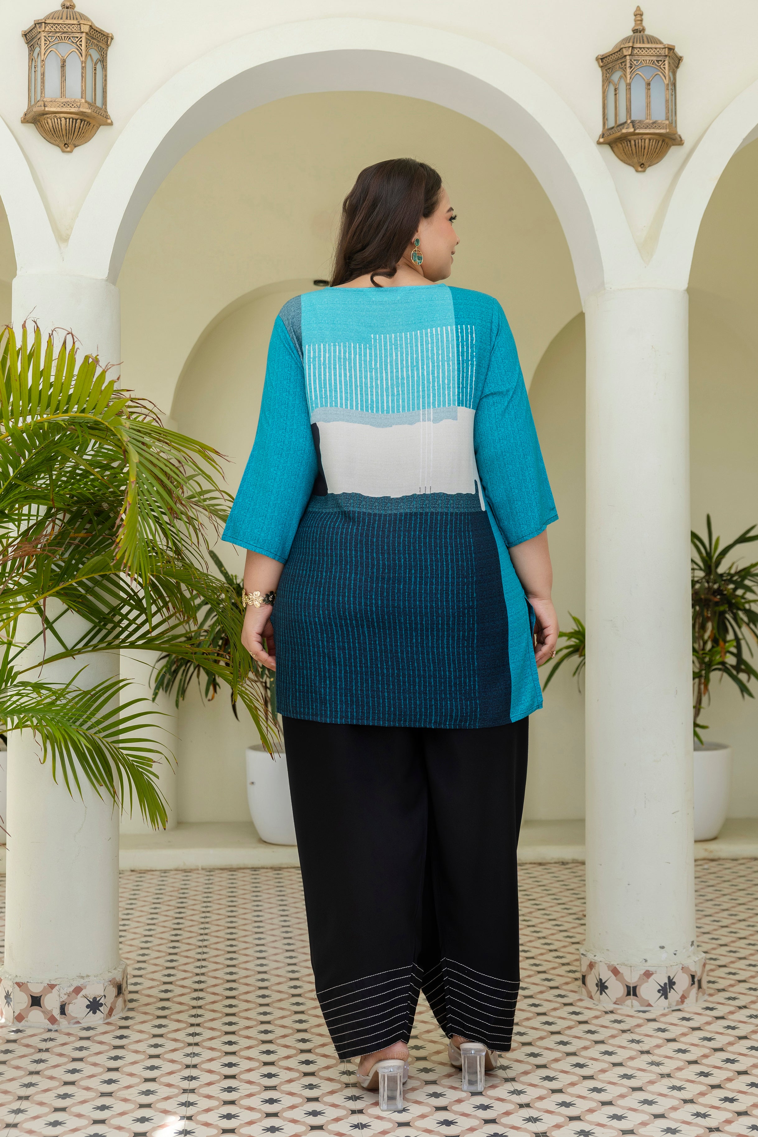 Teal Blue Abstract Co-Ord Set with Trending Farshi Salwar