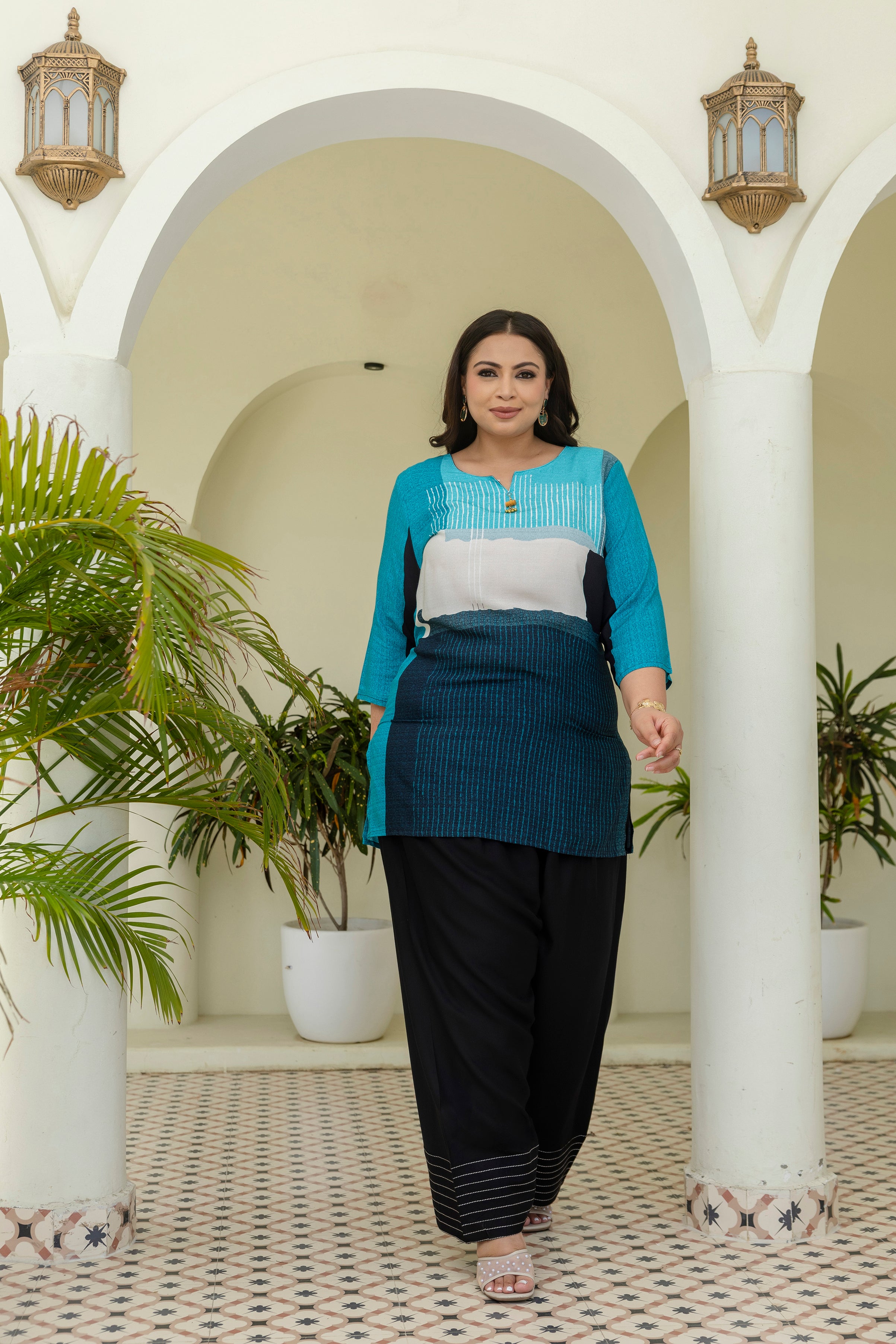Teal Blue Abstract Co-Ord Set with Trending Farshi Salwar