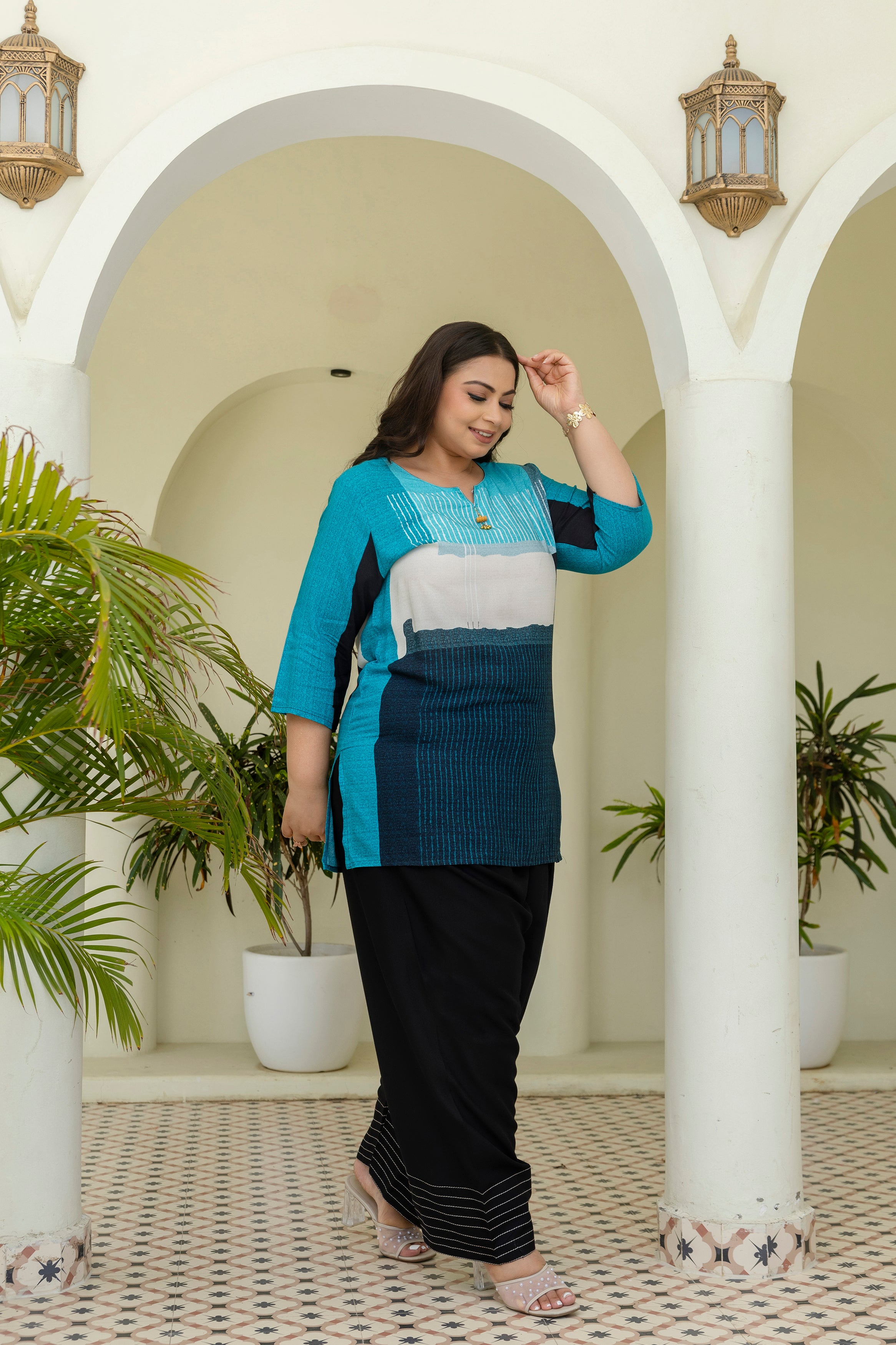 Teal Blue Abstract Co-Ord Set with Trending Farshi Salwar