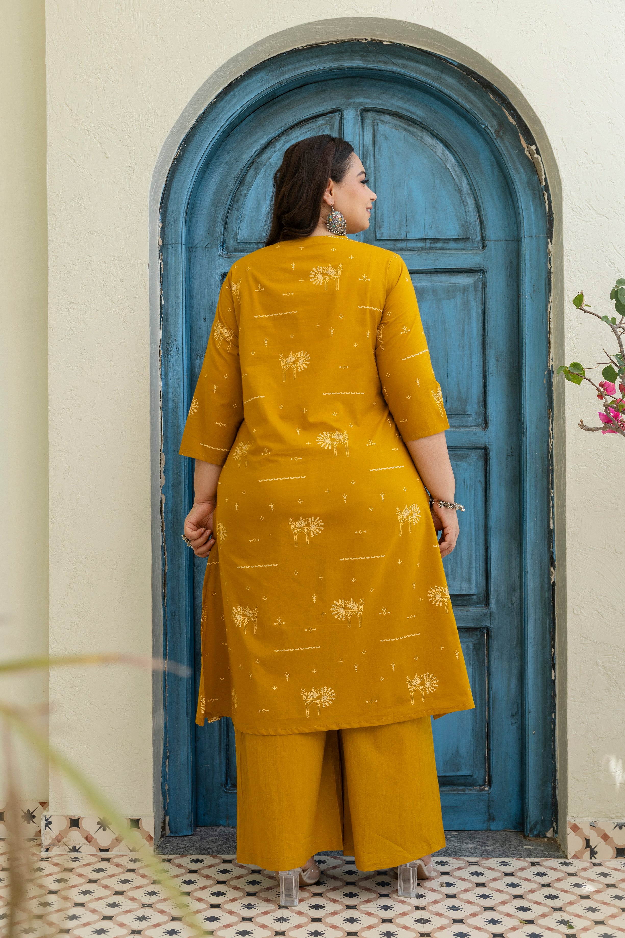 Mustard Yellow Folk Motif Cotton Kurta Palazzo Set