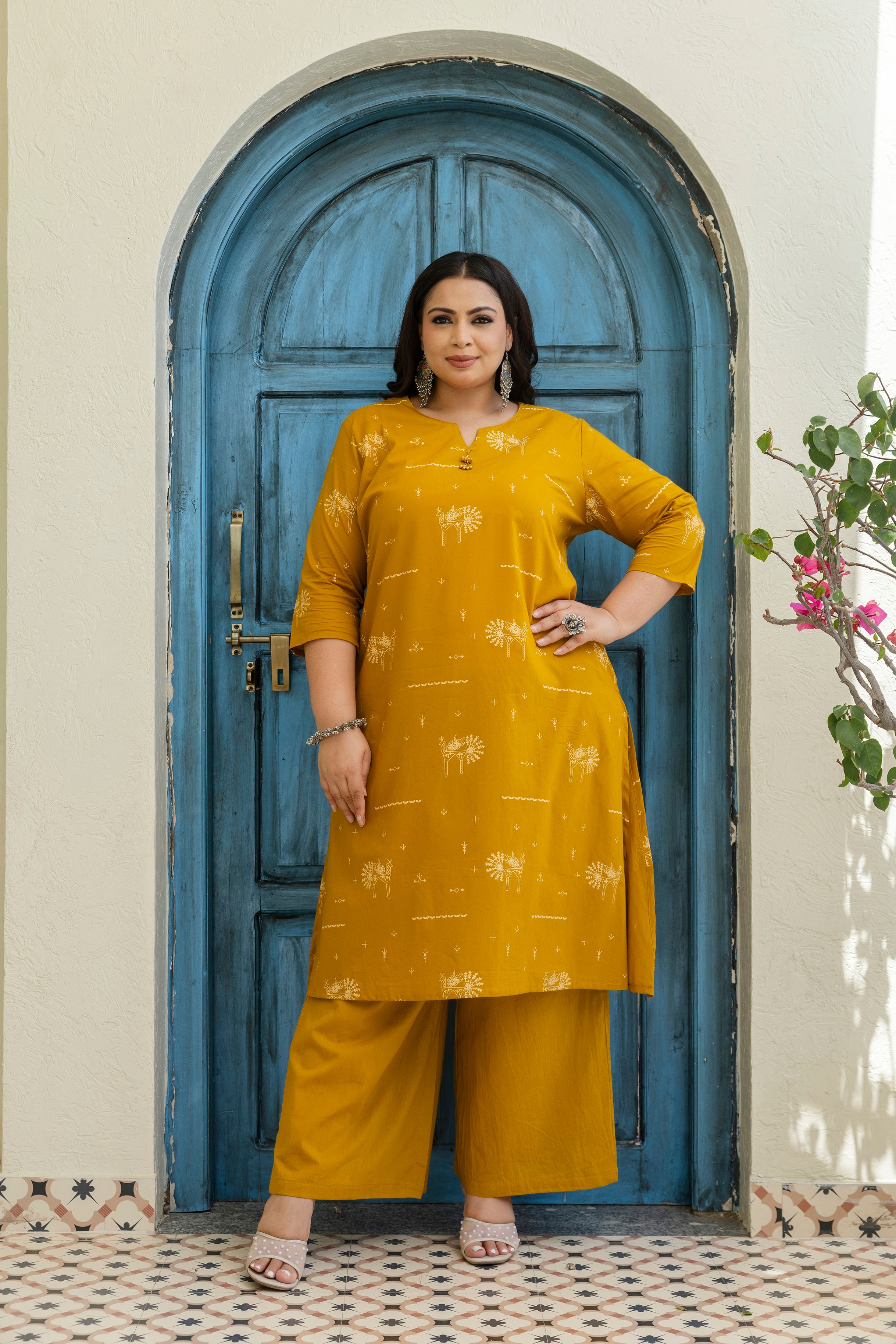 Mustard Yellow Folk Motif Cotton Kurta Palazzo Set