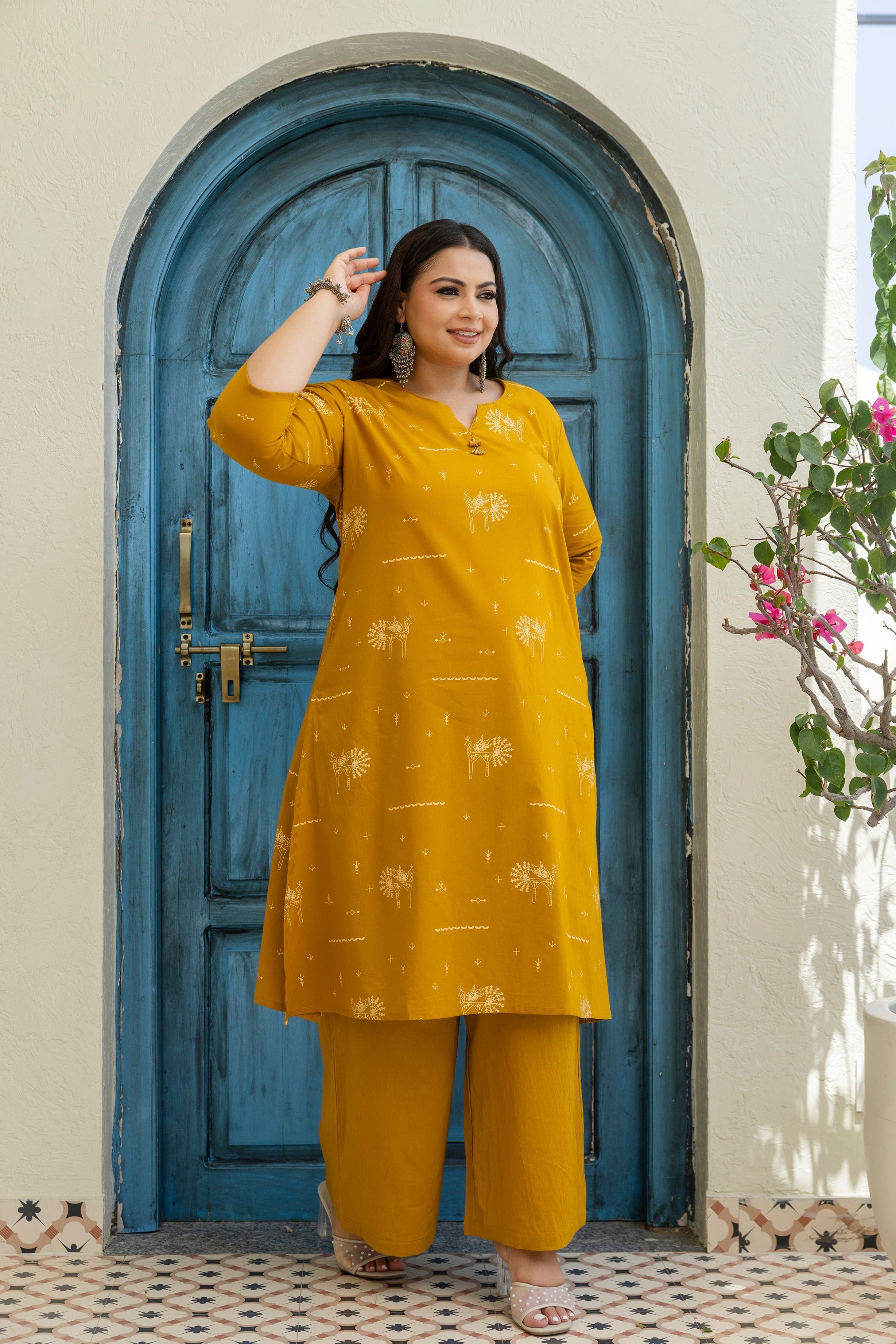 Mustard Yellow Folk Motif Cotton Kurta Palazzo Set