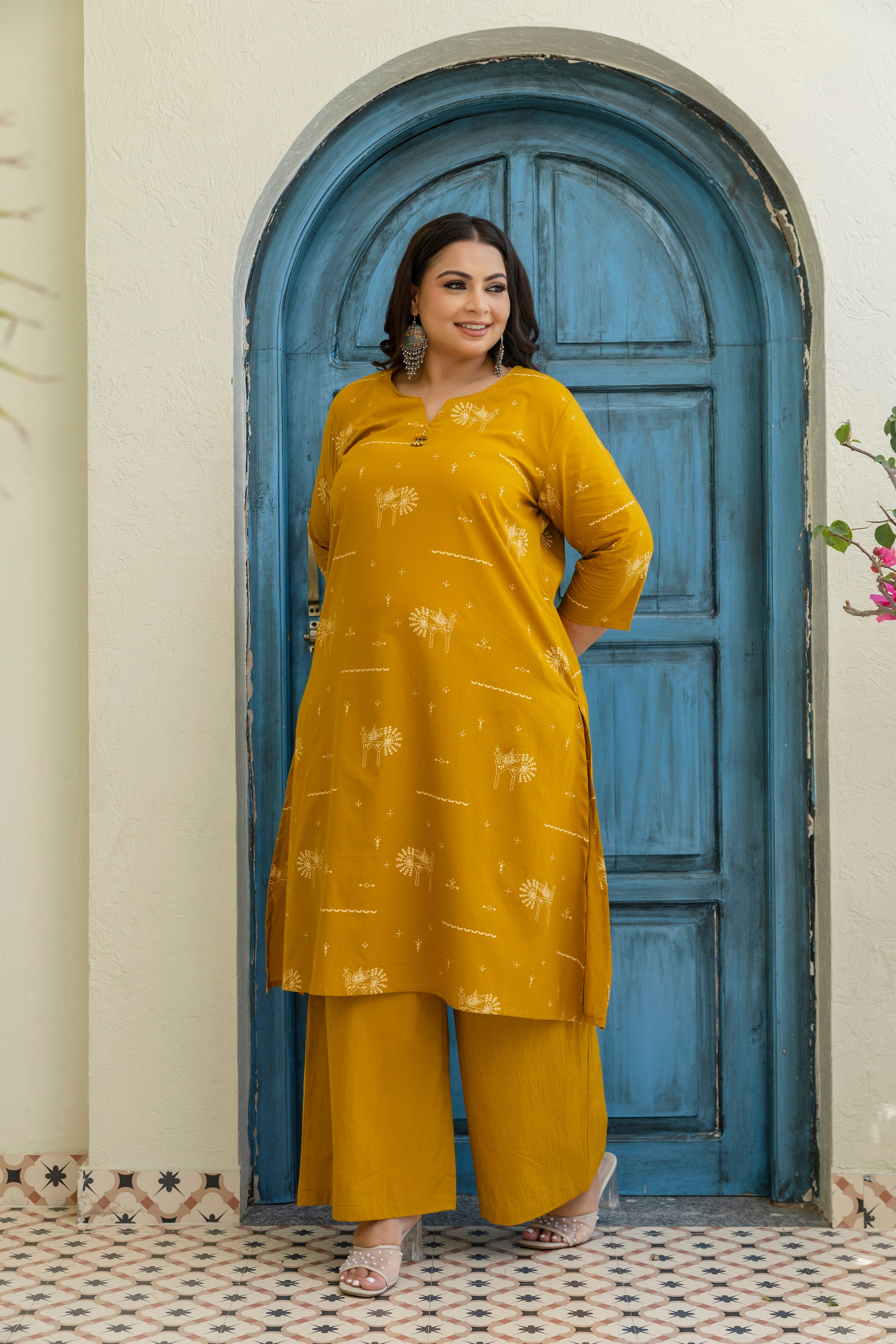 Mustard Yellow Folk Motif Cotton Kurta Palazzo Set