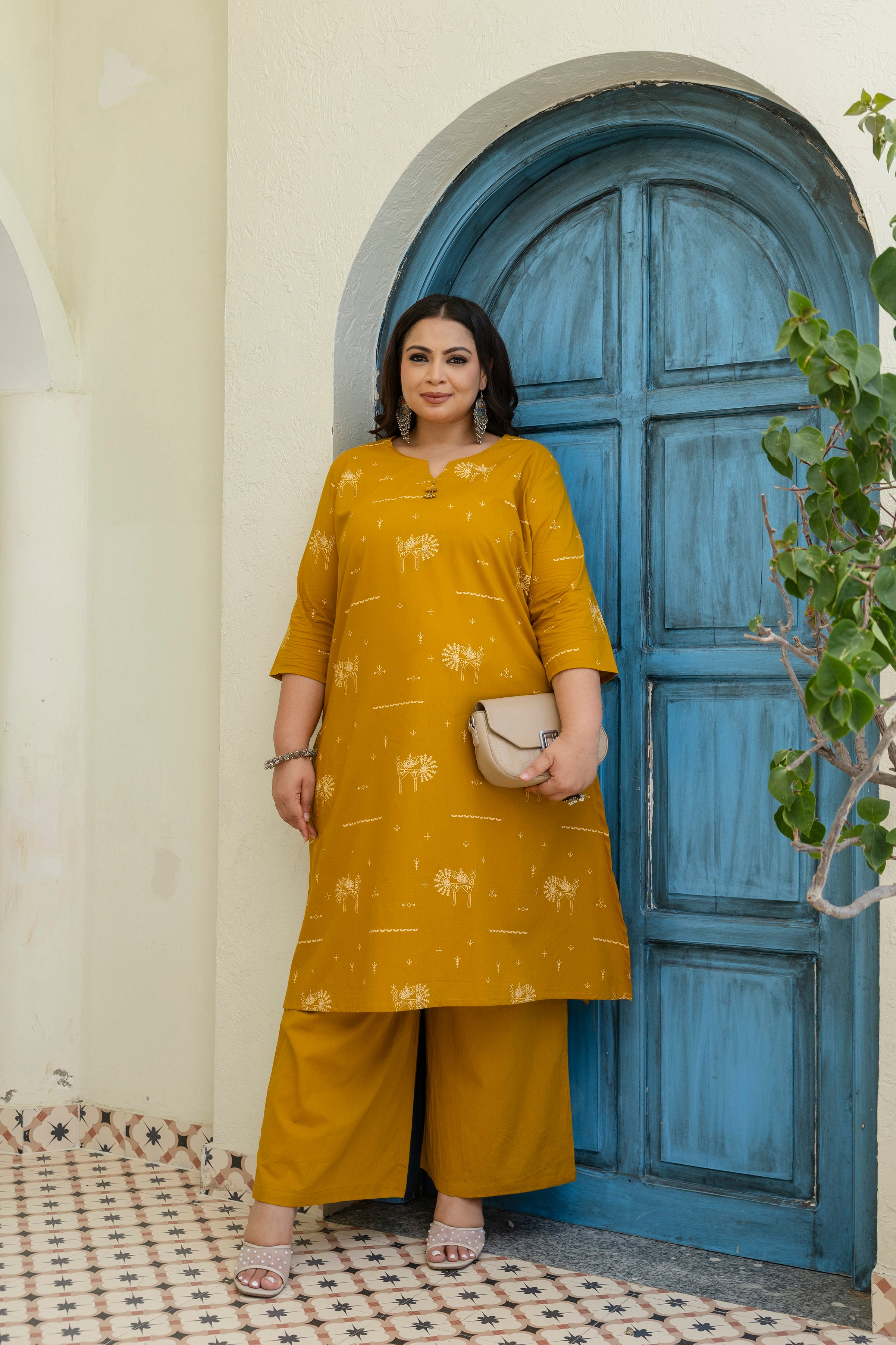 Mustard Yellow Folk Motif Cotton Kurta Palazzo Set