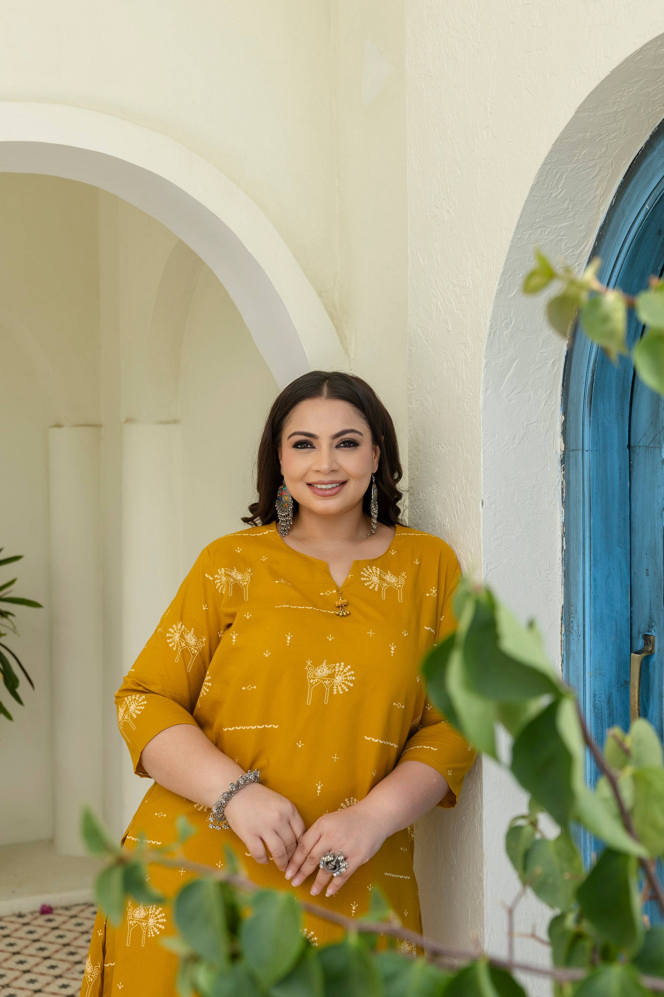 Mustard Yellow Folk Motif Cotton Kurta Palazzo Set