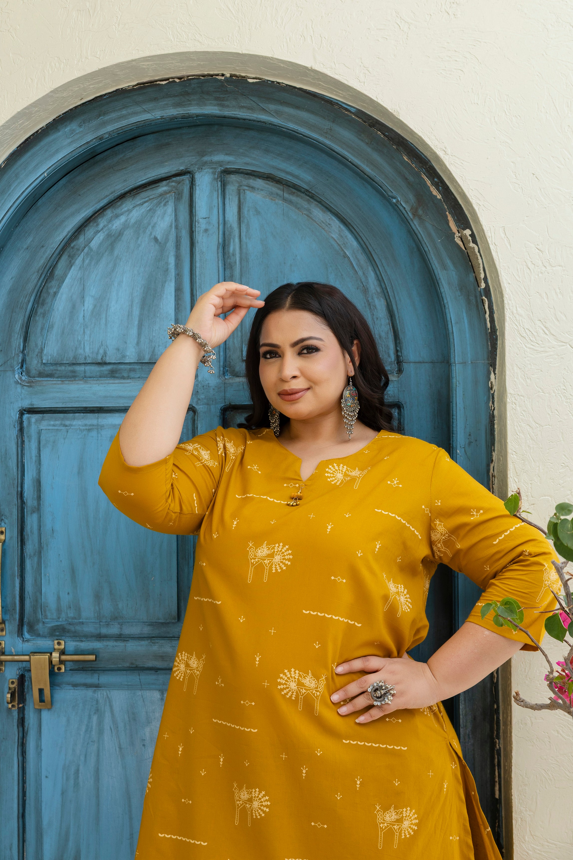 Mustard Yellow Folk Motif Cotton Kurta Palazzo Set
