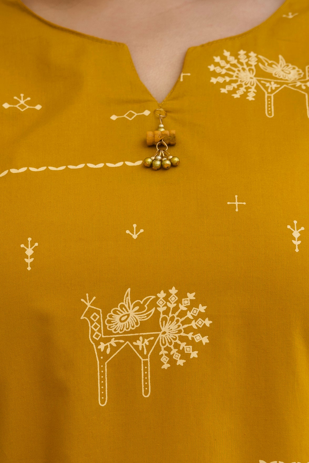 Mustard Yellow Folk Motif Cotton Kurta Palazzo Set