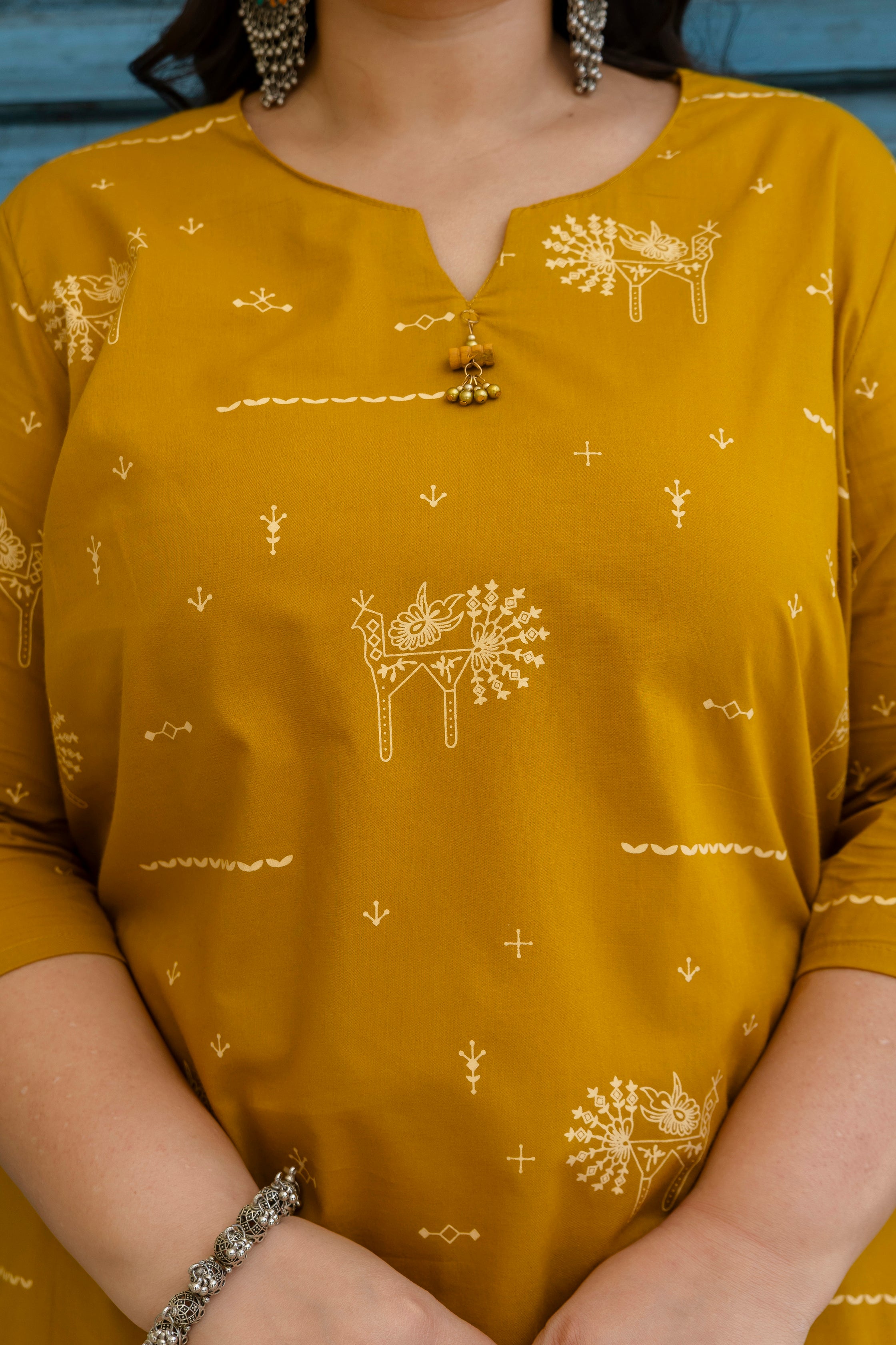 Mustard Yellow Folk Motif Cotton Kurta Palazzo Set