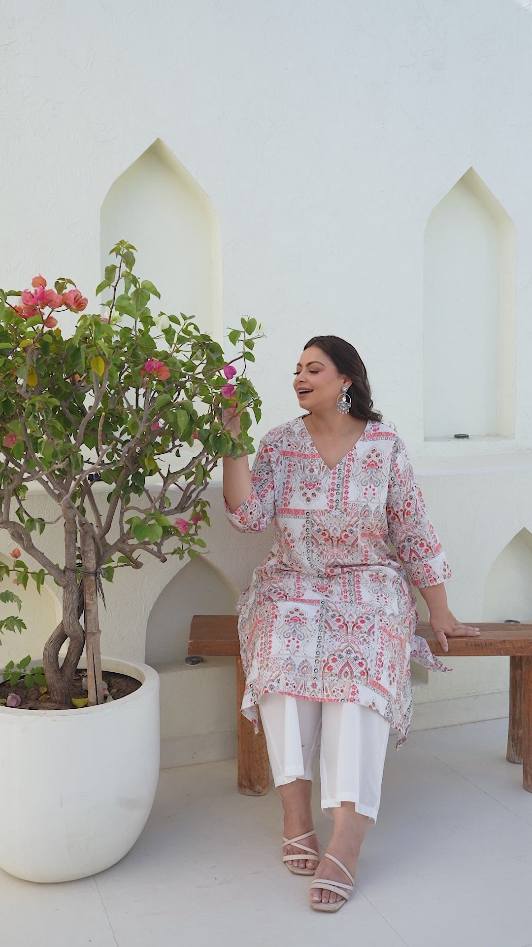 Off-White & Coral Printed Kurta Palazzo Set