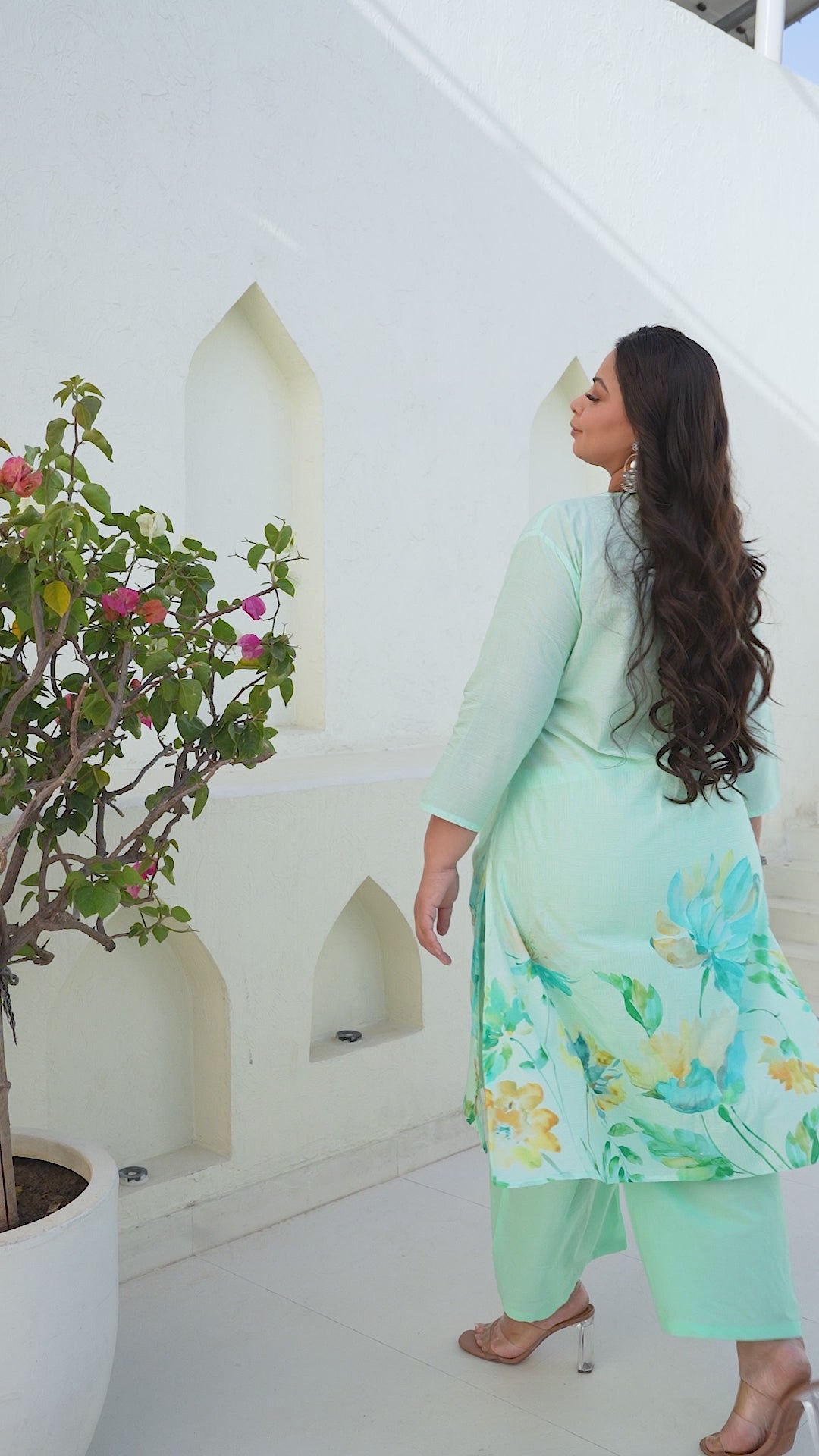 Mint Green Floral Kurta Palazzo Set