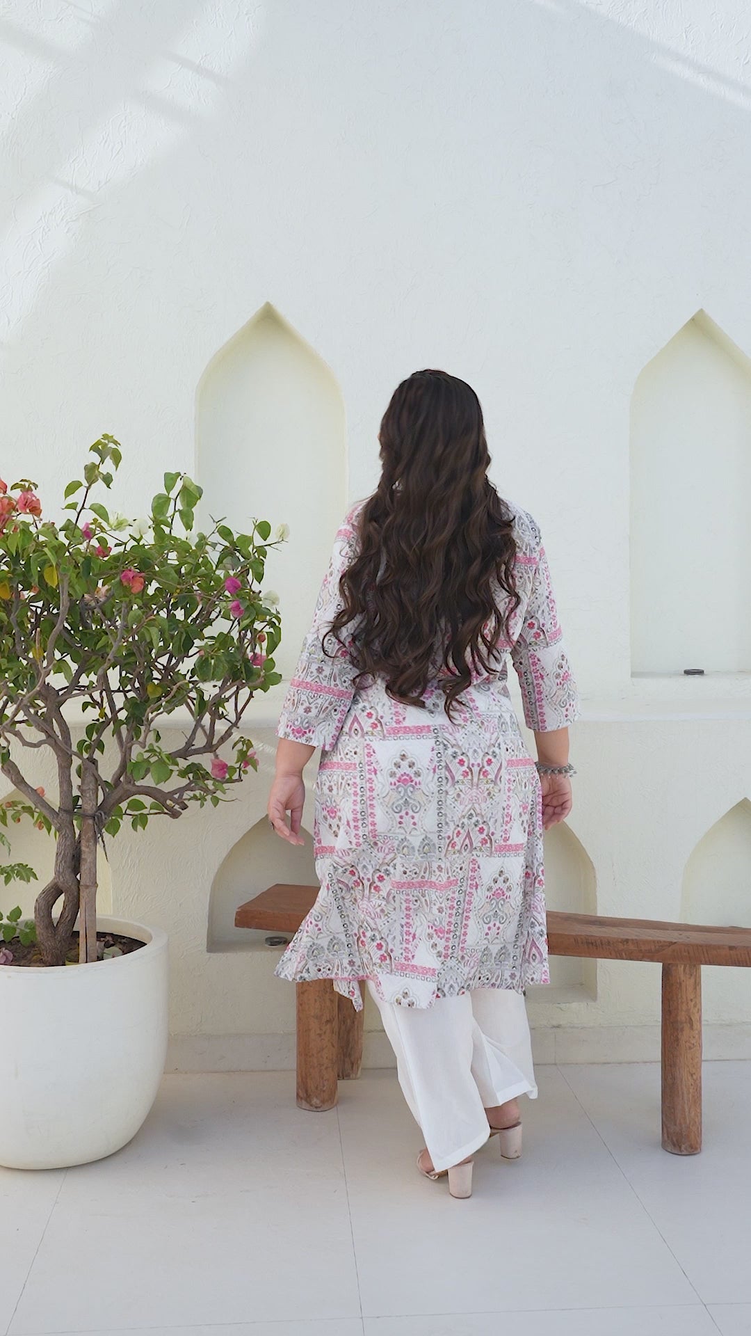 White & Pink Floral Printed Kurta Palazzo Set