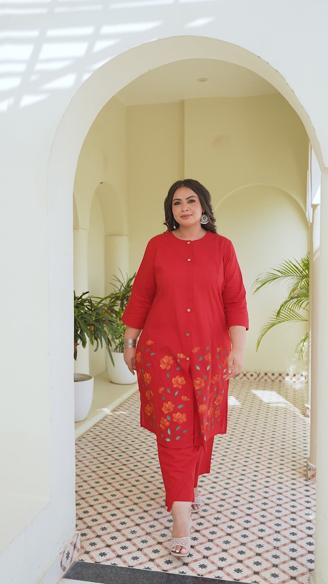 Red Hand Brush Painted Cotton Kurta Palazzo Set