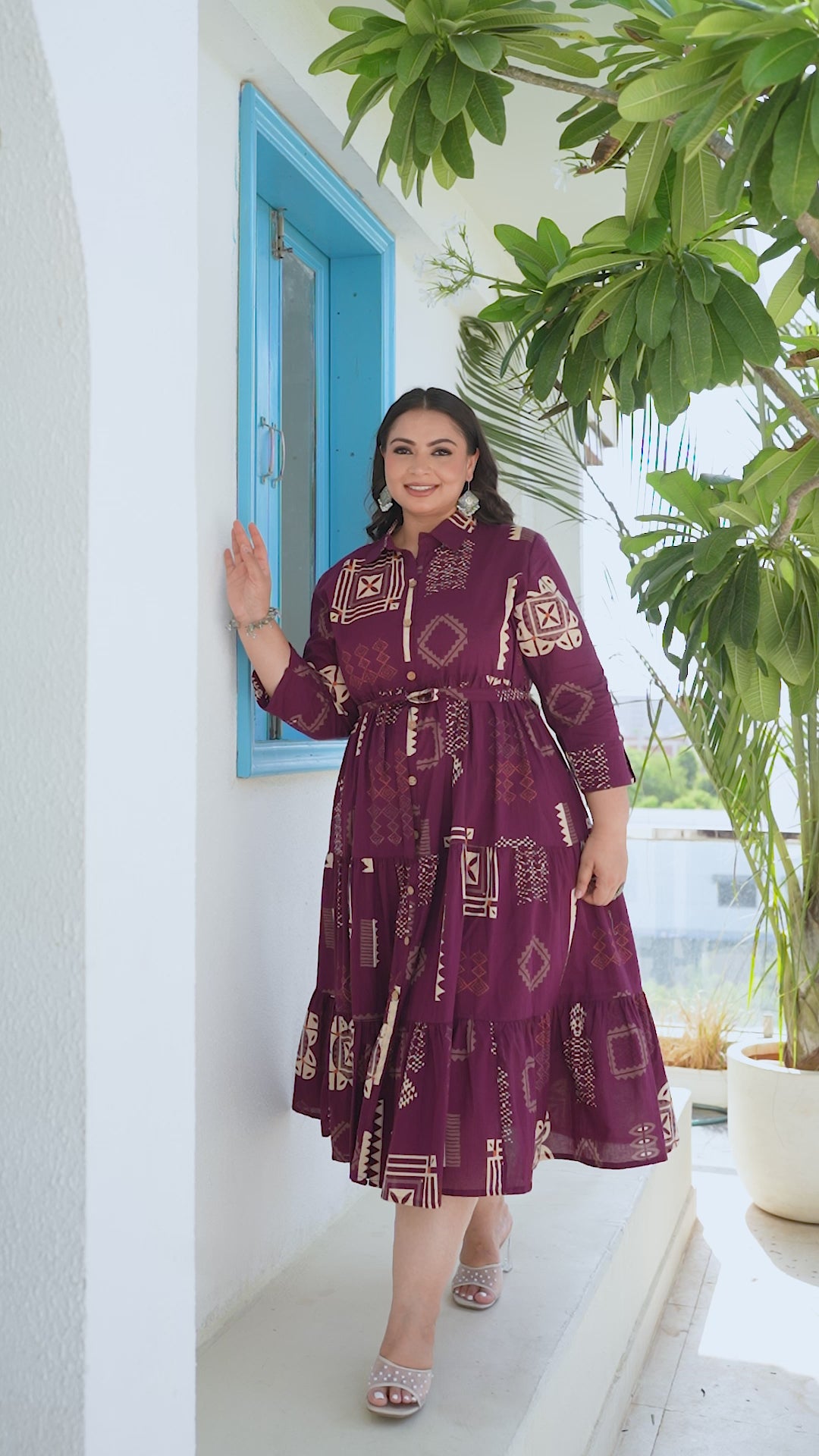 Wine Floral Dress With Front Belt