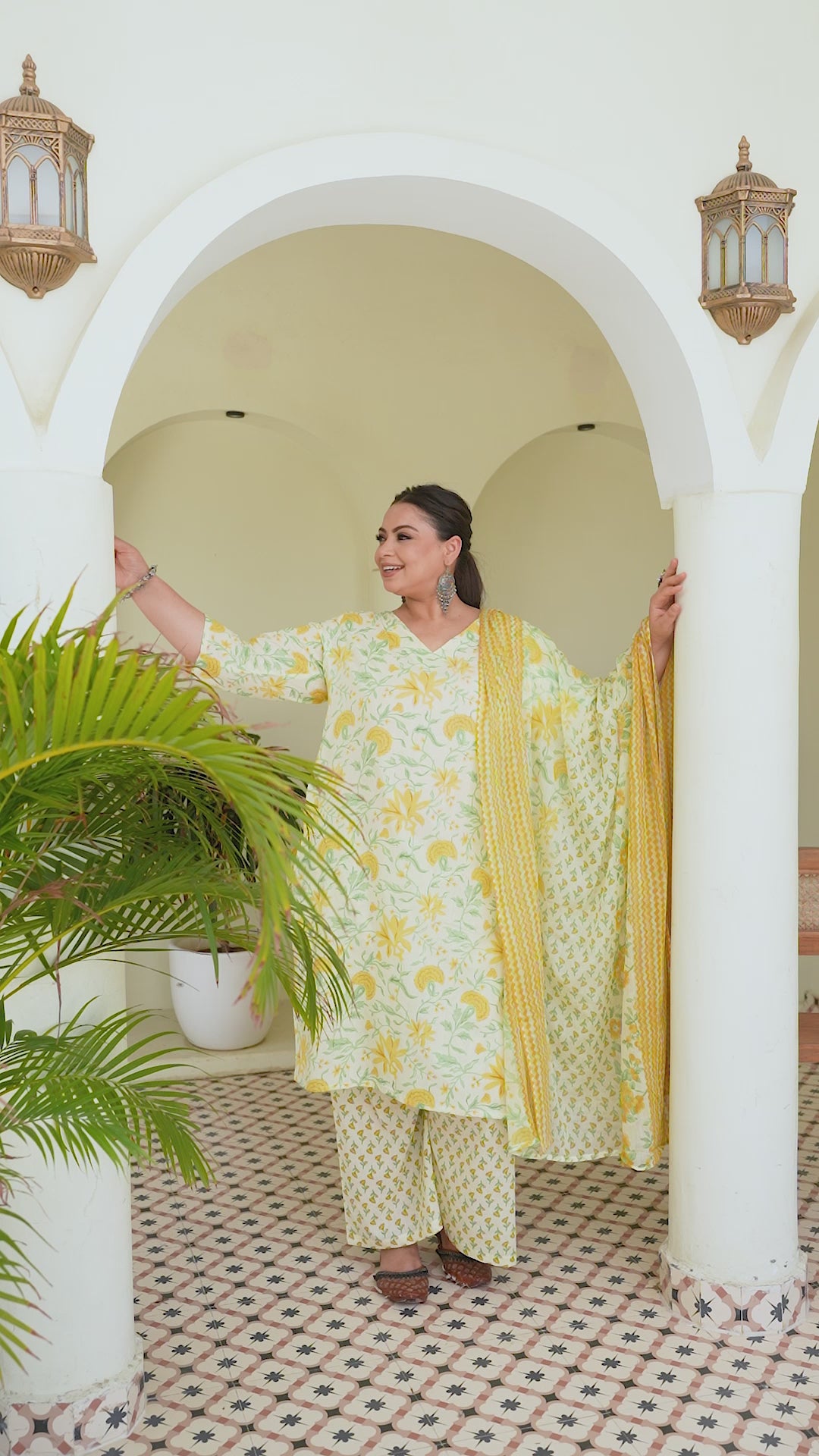 White Base & Yellow Flower Kurta Set with Dupatta