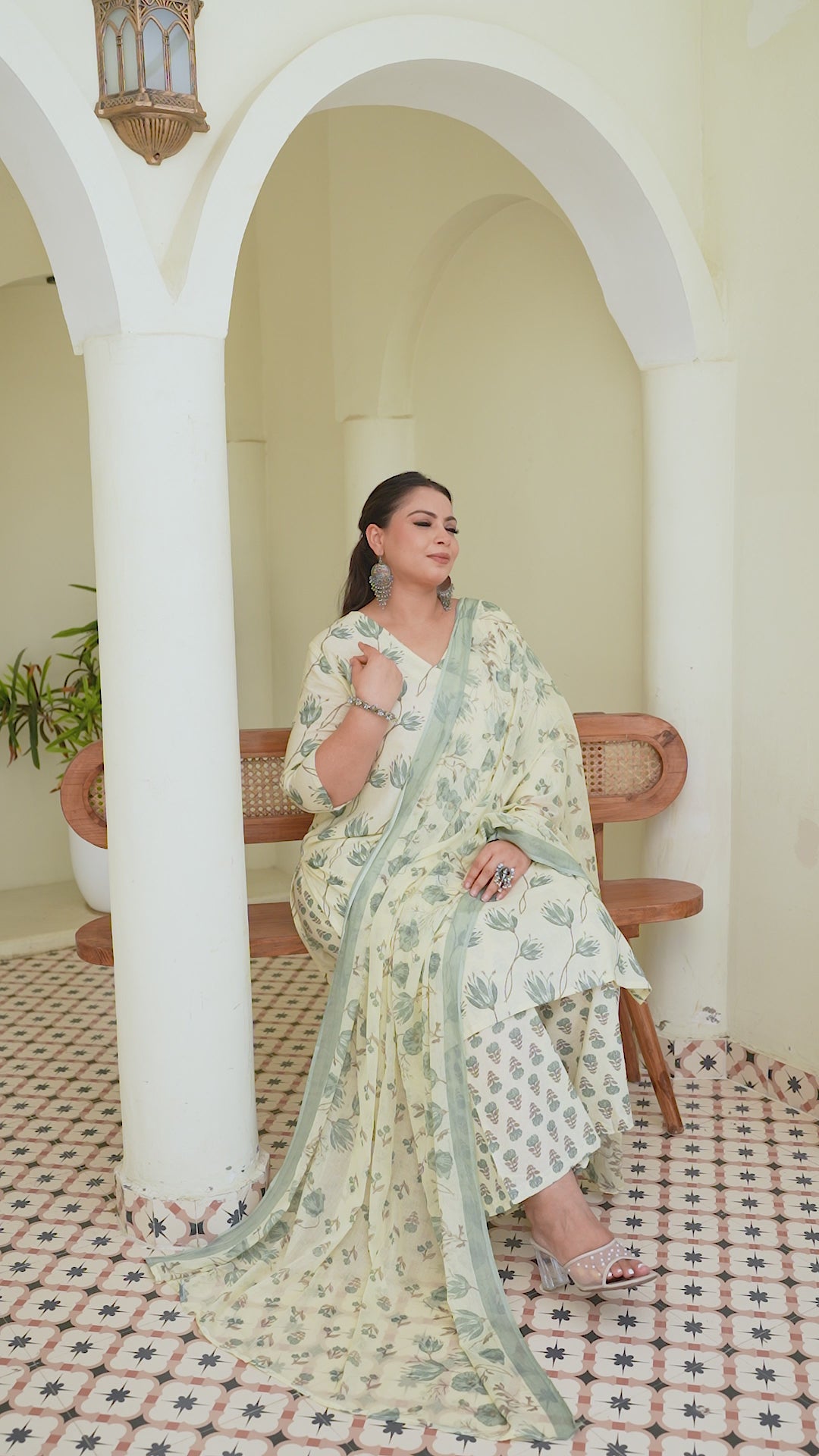Sage Green Printed Cotton Kurta Set with Dupatta