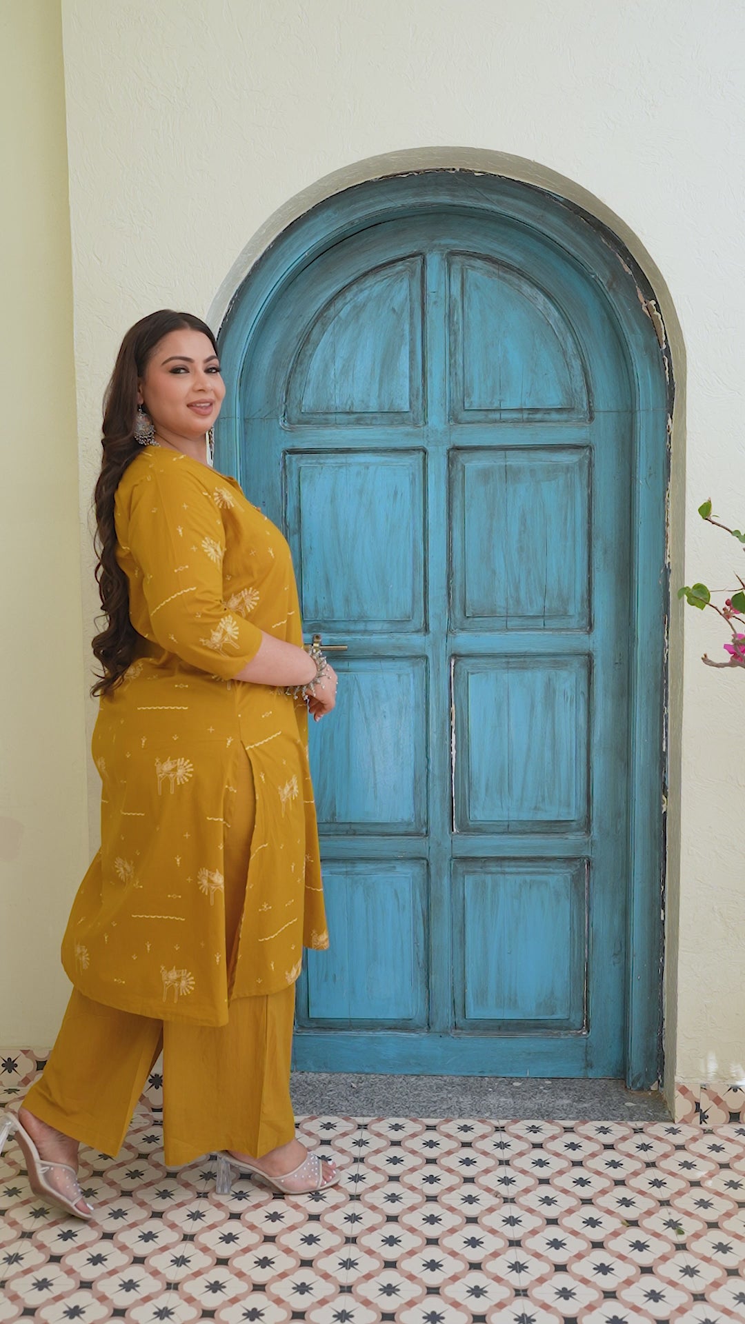 Mustard Yellow Folk Motif Cotton Kurta Palazzo Set